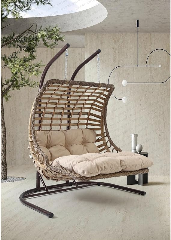 Bodrum Double Çiftli Rattan Bahçe Balkon Salıncağı Açık Kahve