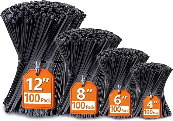 Zip Ties Assorted Sizes(4+6+8+12), 400 Pack, Black Cable Ties, UV Resistant Wire Ties by ANOSON