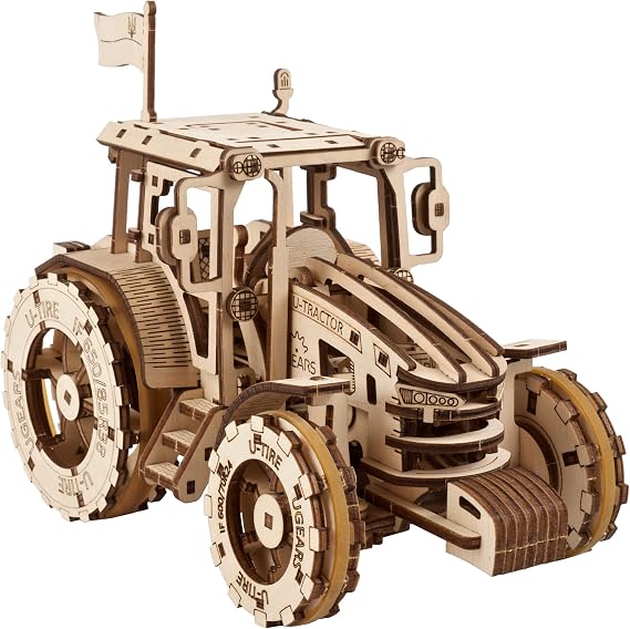 UGEARS The Tractor Wins Model Kits - Spring - Driven Model Tractor Kits to Build with Folding Paper Tank - 3D Wooden Tractor Model Kit for Self - Assembly - Mechanical 3D Puzzles for Adults and Kids