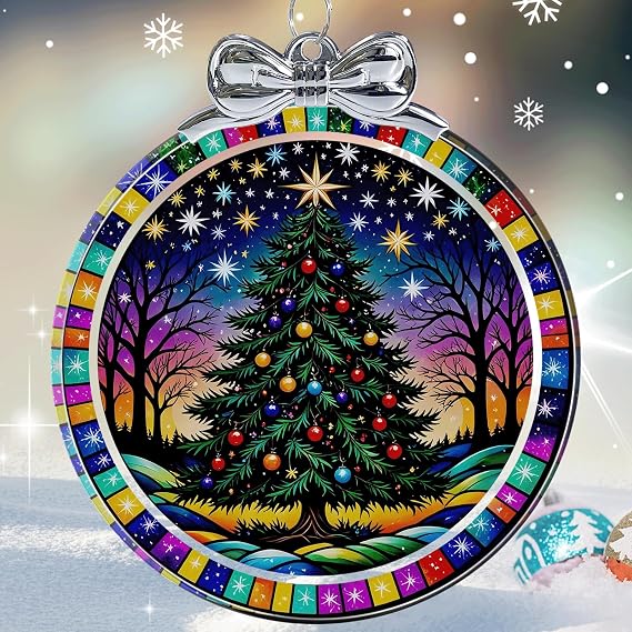 Starry Night Christmas Tree Stained Glass Christmas Ornament - Hanging Ornaments for Christmas Tree Decorations - Holiday Keepsake Present Exchange Idea