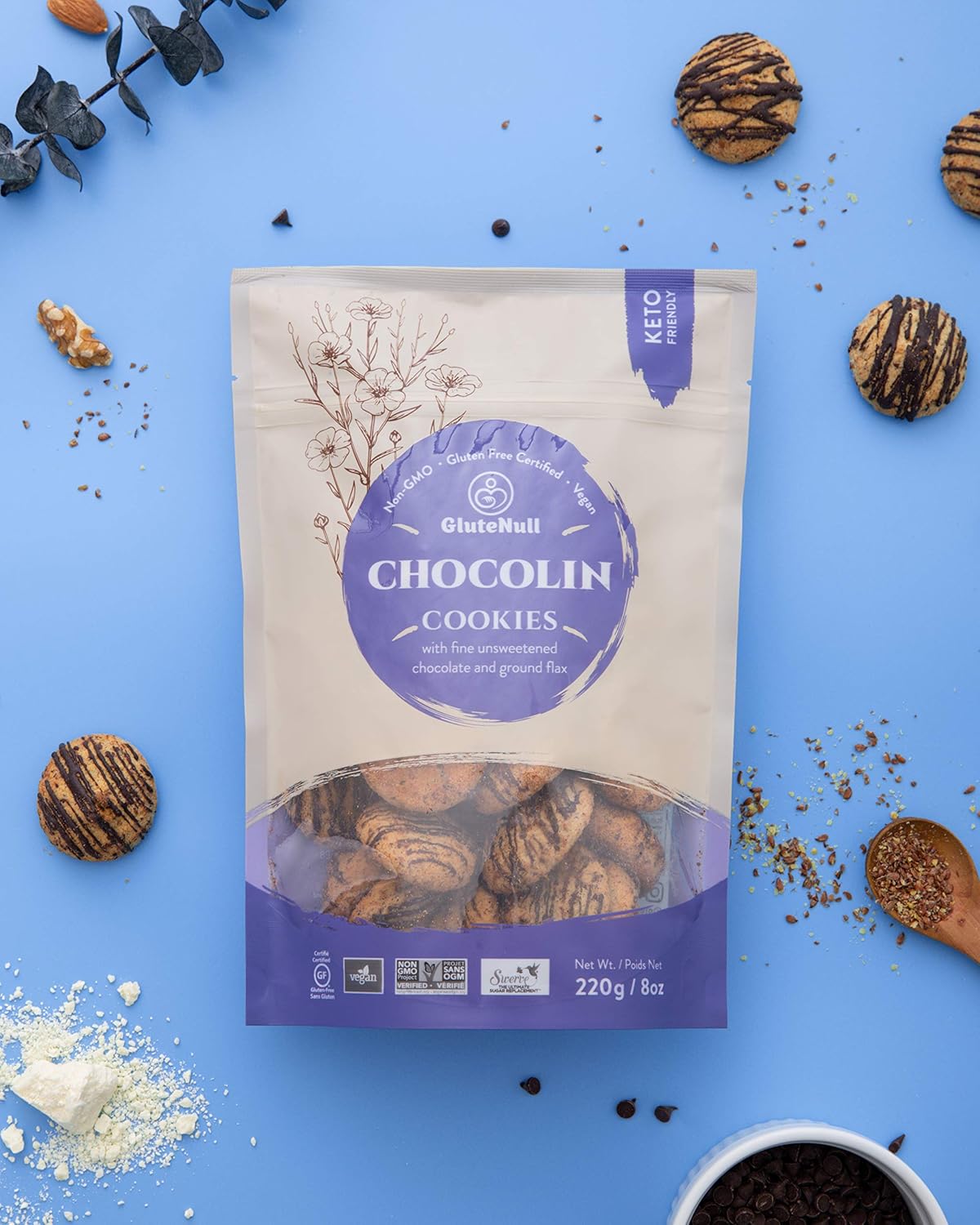 GluteNull ChocoLin Chocolate Chip & Flax Cookies, Keto Friendly, Gluten Free, Plant Based, No Sugar Added, 8oz