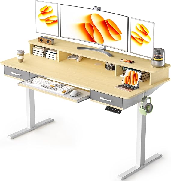WALKINGDESK Electric Standing Desk with Keyboard Tray, 140 x 60 cm | Height Adjustable Desk, 2 Drawers, Monitor Stand, 4 Memory Heights, 72-118cm, Ergonomic Sit Stand Computer Desk, Oak