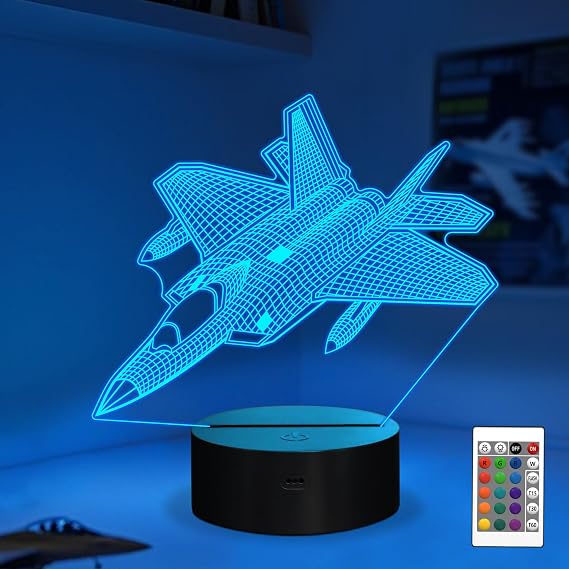 Airplane Night Light, 3D Fighter Jet Lamp with Remote Control & 16 Colors & Timer & Dimmable for Home Desk Decor, Cool Plane Gift for Christmas, Birthday, Graduation, Back to School for Kids Boys [Energy Class G]