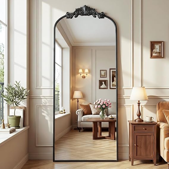 Antok Arched Full Length Mirror, 65"x24" Floor Mirror with Carved, Full Body Mirrors for HomeDecor, Standing/Halling Large Wall Mirror for Bedroom, Living Room, Cloakroom, Black, Retro Style