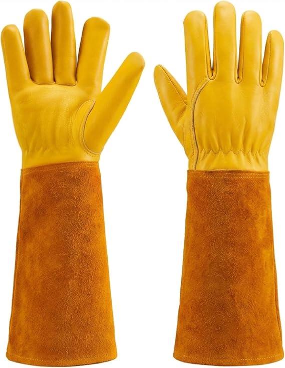 Craft911 Thorn Proof Gardening Gloves for Women & Men, Long Rose Pruning Gloves with Cowhide Leather Gauntlet & Forearm Protection - Yellow (L)