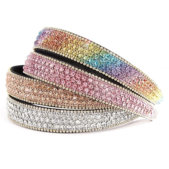 Wecoe 4 Pack Rhinestone Headbands - Glitter Sparkly Diamond Flower Hair Accessories for Girls, Women, Homecoming, Birthday Gifts (Pink, Coffee, Silver, Rainbow Color)