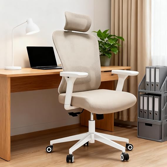 Office Chair, Mesh Back Desk Chair with Headrest & Lumbar Support | Hold 350LBS Computer Chair with 4D Armrests & Wide Cushion, 135 Tilt Lock for Home Office, Khaki