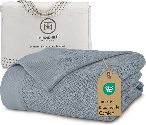 Threadmill Luxury 100% Cotton Twin Herringbone Blanket, Scottish Grey