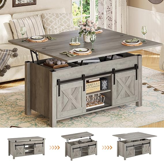 SEDETA Farmhouse Lift Top Coffee Table with Storage and Hidden Compartment | 4 in 1 Multi-Function Convertible Coffee Tables Converts to Dining Table for Small Living Room, Grey