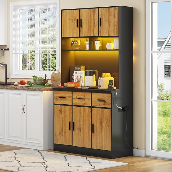 Kitchen Pantry Cupboard with App LED Light, Tall Storage Cupboard with 3 Drawers, Adjustable Shelves, 6 Doors and Charging Station, Kitchen Tall Cabinet for Dining Room, Black+Natural