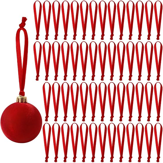 JUNEBRUSHS 120Pcs Velvet Christmas Ornament Ribbon Hangers, Hand Tied Christmas Ornament String Ribbon Loops for Ornament Hanging Christmas Tree Hanging Decorations Red