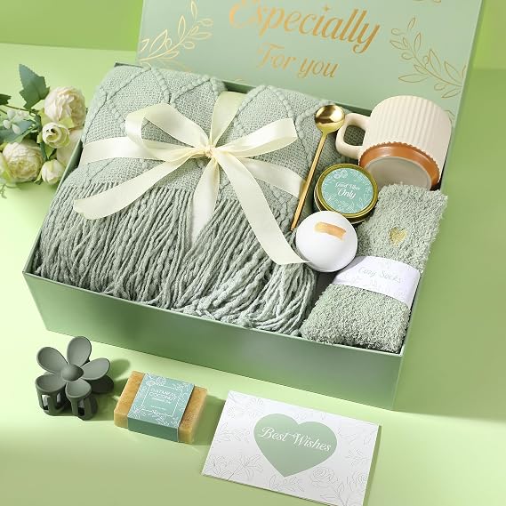 Get Well Soon Gifts Baskets for Women Self Care Gifts,Birthday Gifts for Women Spa Care Package, Set for Mom Wife Girlfriend Sister Best Friend (Green)