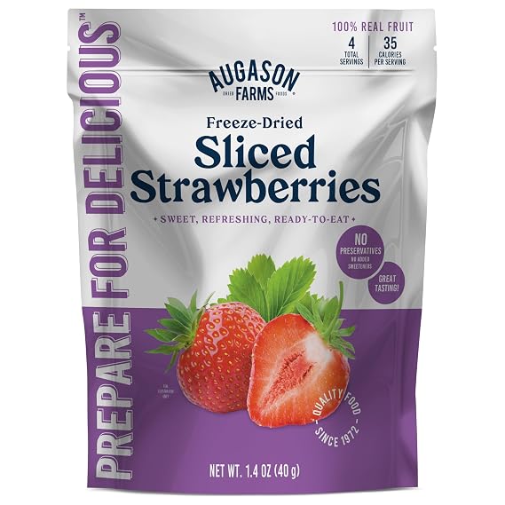 Augason Farms Freeze Dried Sliced Strawberries Pouch - Gluten Free Snack for Baking, Smoothies, and Emergency Storage - Healthy Individual Fruit Snacks 1.4 Ounces (4 Servings)