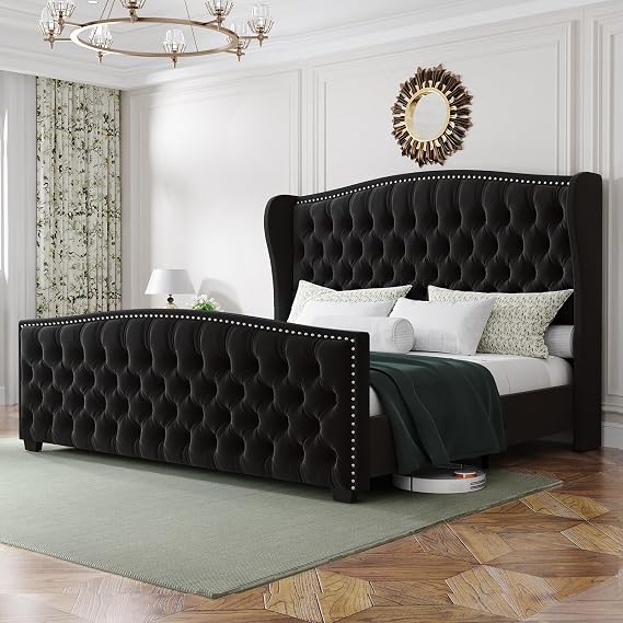 LUXOAK King Bed Frame with Wingback Headboard Velvet Upholstered Bed | Handmade Button Tufted Headboard, Nailhead Trim Footboard, Wooden Slats Support, No Box Spring Needed, Black