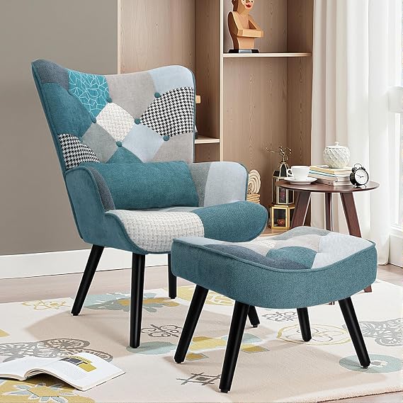 Patchwork Armchair Chair with Footstool and Pillow Wood Legs Blue