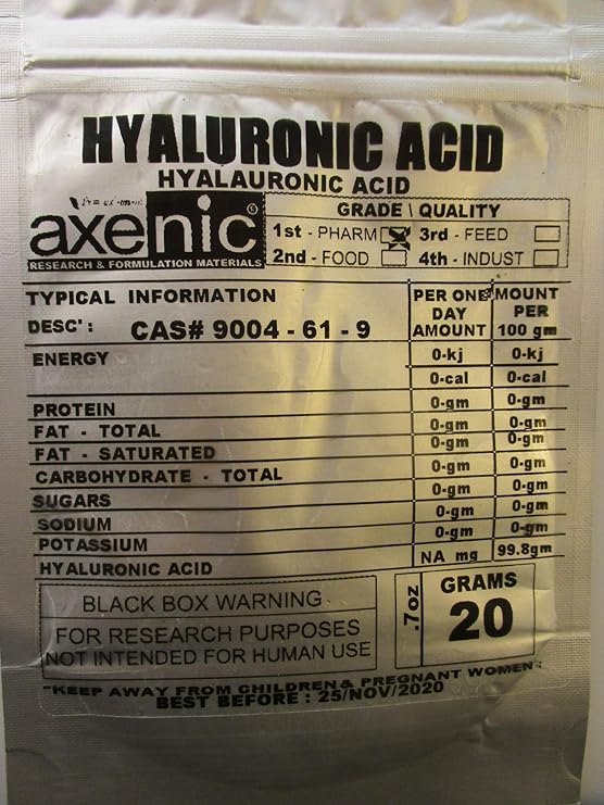 AXENIC 20grams Hyaluronic Acid 99.9%, hyalauronic Acid,Sodium Hyaluronate