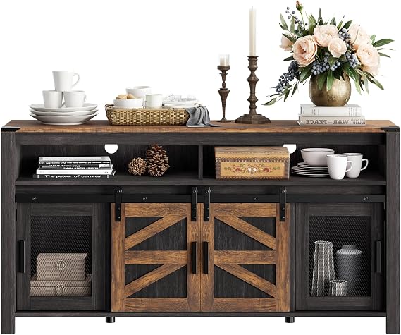 WAMPAT Farmhouse Buffet Cabinet, Rustic Sideboard with Sliding Barn Doors, 59" Coffee Bar Storage Cabinet with Mesh Doors, Cupboard Table for