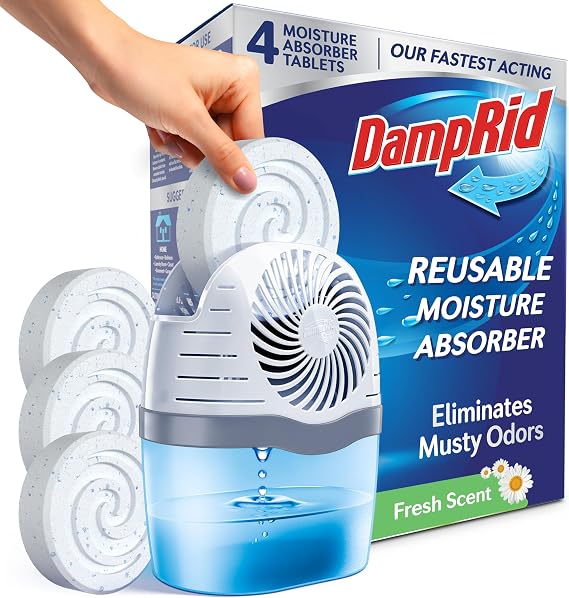 DampRid Reusable Moisture Absorber with 4 Drop-In Tablets, Fresh Scent, 15.8 oz., Attract and Trap Excess Moisture & Eliminate Musty Odors for Cleaner, Fresher Air