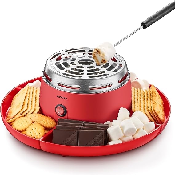 S'mores Maker, Reemix Flameless Electric Marshmallow Roaster | Tabletop Indoor, 4 Detachable Trays & 6 Roasting Forks, Gift Set & Date Night Idea, Red