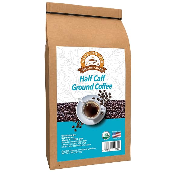 Alex's Low Acid Organic Coffee 5lb Bag - Half Caff Fresh Ground
