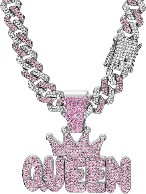 Queen's Crown Pendant Necklace, Gold Plated, Pink and Transparent rhinestones Queen Necklace Hip Hop Women's Letters Cuban Chain Adult Necklace, 23.62 inches, Rhinestone Letter Pendant