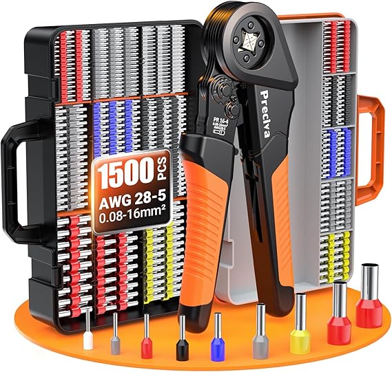 Preciva Ferrule Crimping Tool Kit - AWG 28-5 (0.08-16mm2) Self-Adjustable Ratchet Ferrule Terminals Crimping Tool, Quadrilateral Ferrule Crimper with 1500Pcs Ferrules Connectors