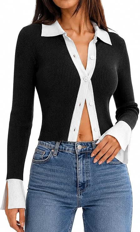 Women Ribbed Knit Button Down Long Sleeve Shirts Crop Top