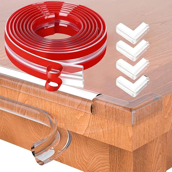 Clear Edge and Corner Protector Kit – Soft Silicone Bumper Strip with 4 L-Shaped Corner Guards – Baby Proofing Solution for Sharp Edges and Corners (2M)