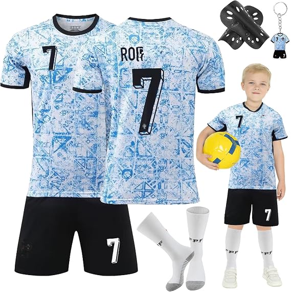 Kids Football Kit #7 Home Away Soccer Jerseys, Training Shirts, Shorts, Socks, Guards, Keychain, Bracelets, Bandages, Gifts for Children