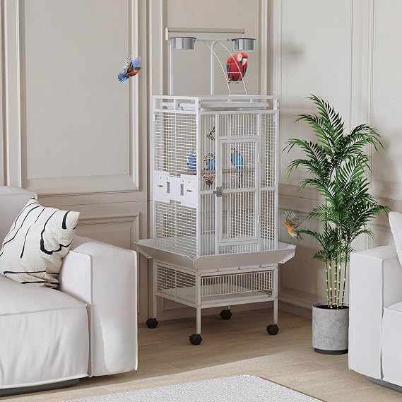 152cm Large Wrought Iron Parrot Cage with Rolling Stand, Play Top and 4 Stainless Steel Bowls, Metal Bird Cage for Budgie, Lovebird, Sun Conure and Green Cheek Conure, Black