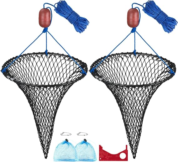QualyQualy Foldable Crab Trap 2-Pack, Small Crab Net with Buoy & Bait Clip for Blue Crabs, Crawfish Traps | Compact Crabbing Equipment for Kids Family Use for Pier, Dock, Lakes