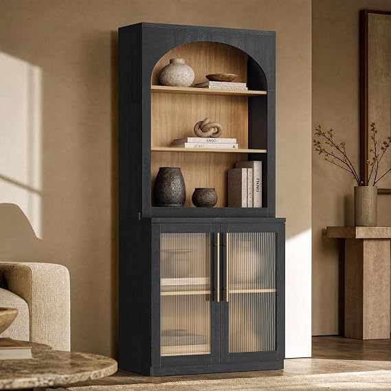 ModernMate 70" Arched Bookcase with Clear Acrylic Doors Black