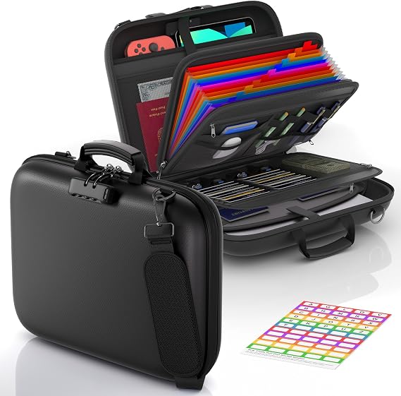 Nacial Fireproof Document Box with Lock & Shoulder Strap, Hard-Shell, Black | Fireproof File Organizer with 13 Pocket Accordion File Folder, Portable Safe Storage for Important Documents, Laptop,Passport