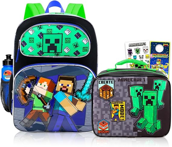 Minecraft Backpack with Lunch Box Set - Bundle with 16 Minecraft Bookbag