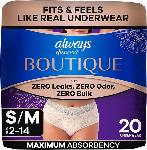 Always Discreet Boutique Incontinence and Postpartum Underwear for Women, Maximum Protection, Small/Medium, Rosy, 20 Count