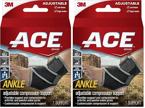 ACE Brand Adjustable Compression Ankle Support, Moderate Support for Weak, Sore or Injured Joints, Adjustable Straps, One Size Fits Most (Pack of 2)