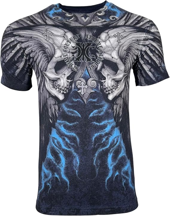 Xtreme Couture by Affliction Gothic Cross T-Shirt Silent Scream, Navy Blue and Gray, Skull Wing Design, Lightning Effect