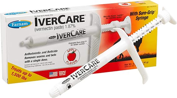 Farnam IverCare (ivermectin Paste) 1.87%, Horse Dewormer, 0.21 oz | Equine Parasite Control, Apple-Flavored Single-Dose Syringe, Broad-Spectrum Anthelmintic and Boticide, Treats Up to 1, 250 Lb
