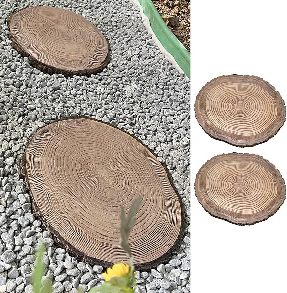 Round Decorative Wood Effect Stepping Stone, Outside Log Texture Paving Stones Kits, Rustic Dimensional Foot Stone for Garden Pathway, Flower Bed, 2 Pack