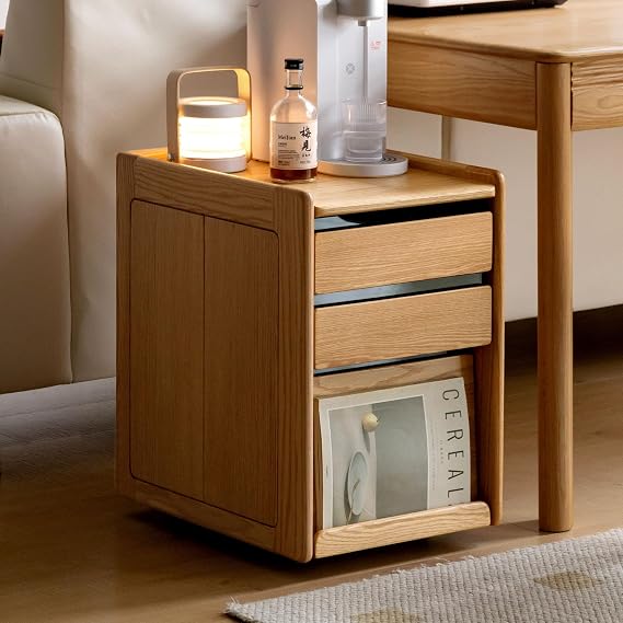 YESWOOD Solid Oak Wood Side Table with Wheels, Rolling Side Table with Storage, Narrow Bed End Tables for Bedroom, Living Room, Study(Natural, 19.69" D x 14.96" W x 22.76" H)