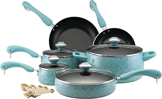 Paula Deen Signature Collection Porcelain Nonstick 15-Piece Pots and Pans Cookware Set, Aqua Speckle