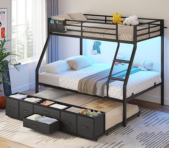 BTHFST Twin Over Full Bunk Bed with Trundle, 6 Storage Drawers, LED Lights