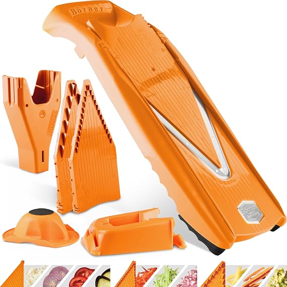 Börner Gemüsehobel V5 (Profi Set) • Verstellbarer V-Hobel 7-teilig mit 10 Schnittarten • Gemüseschneider mit Edelstahl V-Klinge • Küchenhobel inkl. Dockingstation • Farbe: Orange