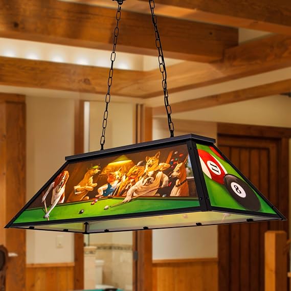 Wellmet Tiffany Pool Table Light, Dogs Playing Billiards Lights for 7 8 9 Pool Table, 3 Lights Billiard Fixture Hanging Pendant Lamp for Snooker Table, Cabin, Game Room, Mens Cave, Dining Room