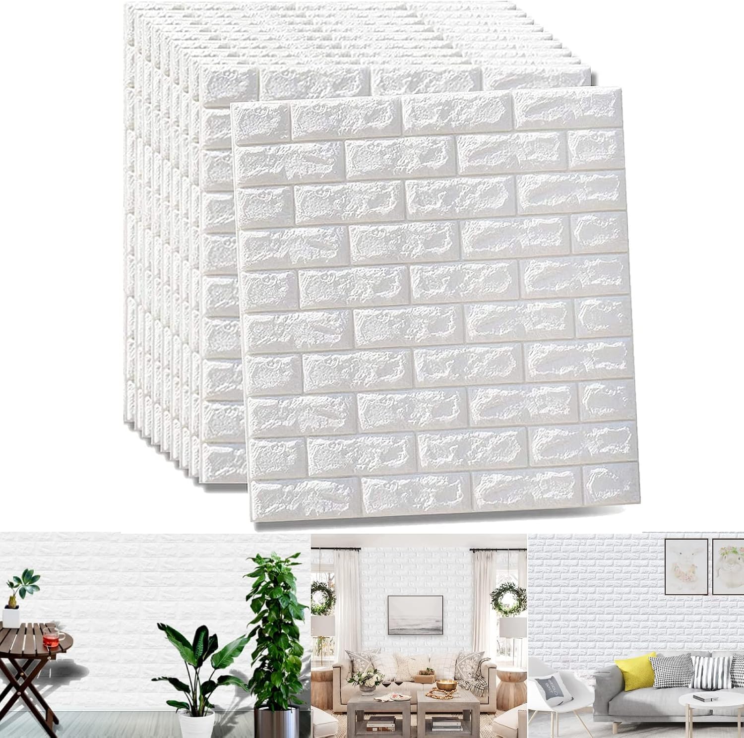 tonchean 3D Brick Wallpaper 77x70cm30”x27.5” Self Adhesive PE Foam Brick Effect White Wall Panels 10Pcs Waterproof Peel and Stick Wall Tiles for Bathroom Living Room Bedroom