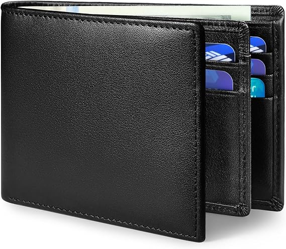 Genuine Leather Mens Wallet, RFID Blocking Bifold, Black | 11 Card Slots, ID Window, Birthday Anniversary, Christmas Gift for Him