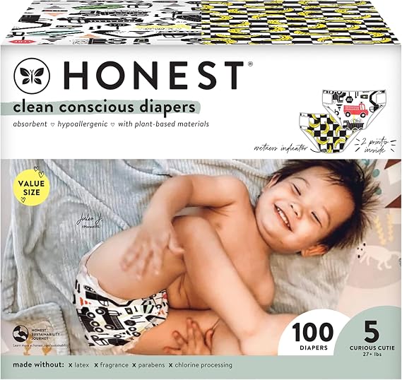 The Honest Company Clean Conscious Diapers | Plant-Based, Sustainable | Big Trucks + So Bananas | Super Club Box, Size 5 (27+ lbs), 100 Count