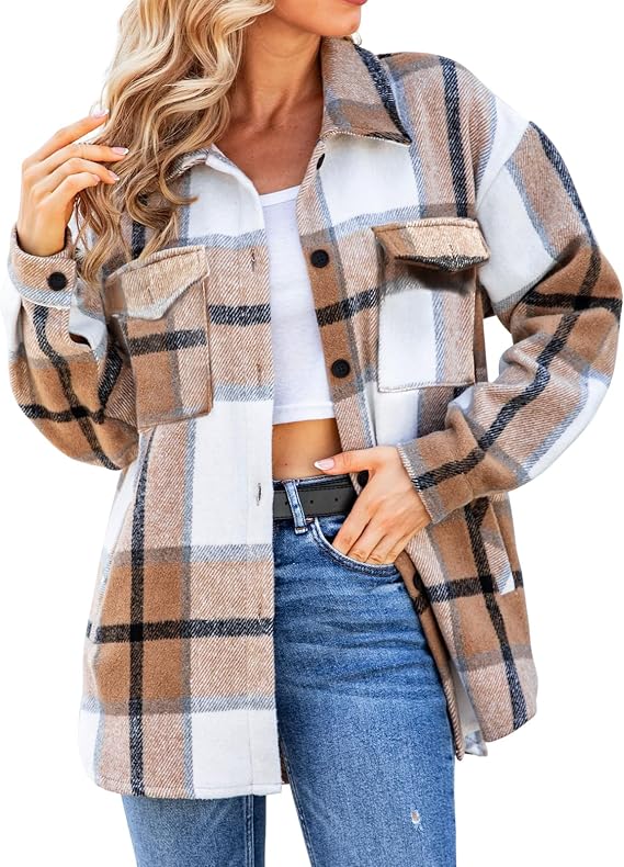 Women's Plaid Shacket,Flannel Button-Down Jacket
