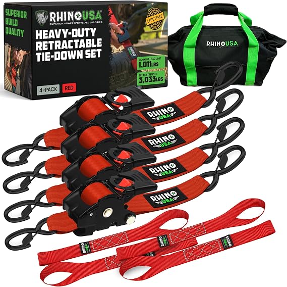 Rhino USA Retractable Ratchet Straps (4-Pack) - 2in x 10ft, 3,033lb, Red | Heavy duty auto self retracting tie downs. For truck, cargo trailer, motorcycle & UTV, tangle-free storage. Red