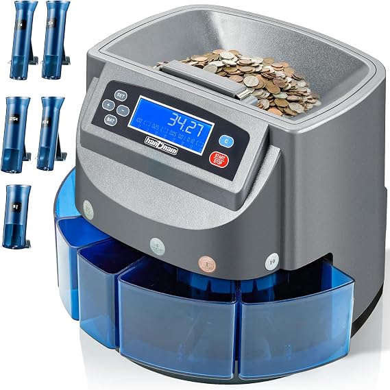 Coin Counter 270 Coins/Min Electric Coin Sorter Machine 500 Coins Capacity | USD Change Counter Machine Automatic Coin Sorter and Wrapper Machine, LCD Display, Auto Stop Anti-Overflow, Easy One-Touch